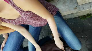 Downblouse girls in street public